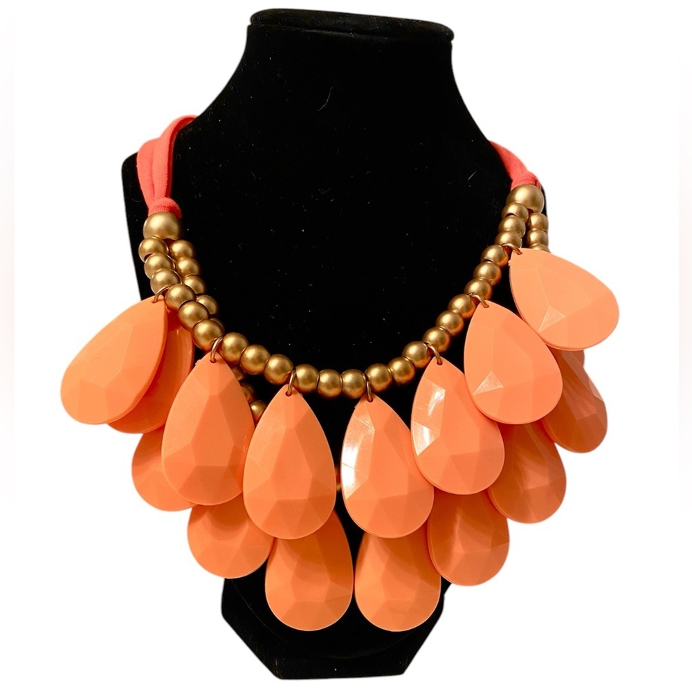 Vintage Y2K Orange Bib Statement Necklace Beaded Apricot Gold